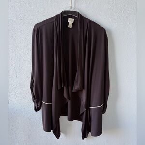 Chico Artisanal Chocolate Brown Drape Open Cardigan Roll‎ Tab Sleeves Stretch XL